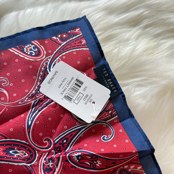 Ted Baker Red and Blue Paisley Silk Handkerchief, pocket square 13x13 - Picture 3 of 4